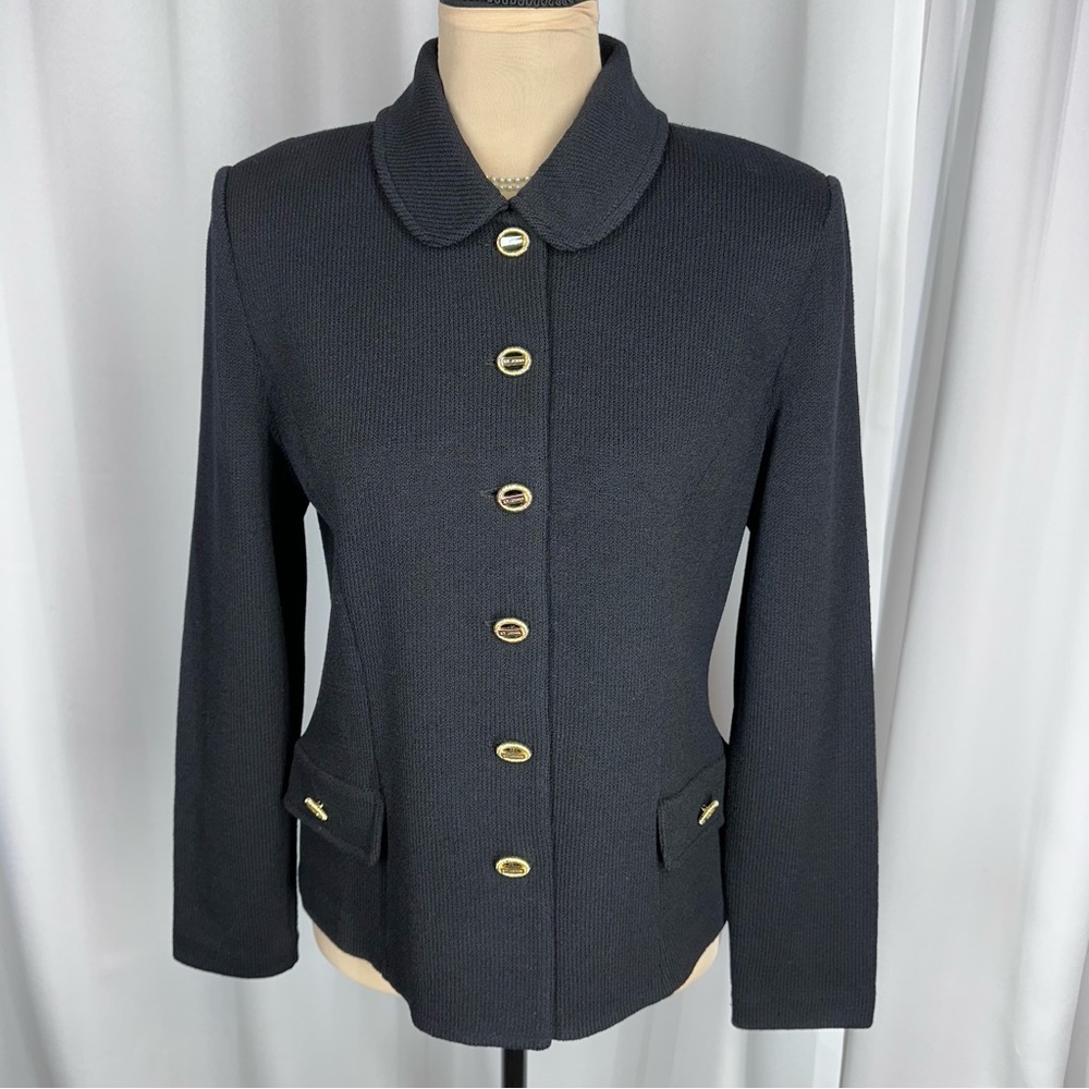 St John Collection Marie Gray Jacket Sz 4 Black Santana Knit Gold Buttons Luxury